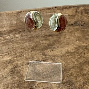 Vintage 90s Maroon and Sage Shimmer Enamel Earrings - Gold Tone Backing